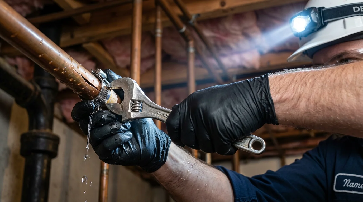 Emergency pipe clamp repair being performed by a Johns Plumbing LLC plumber in Lewes