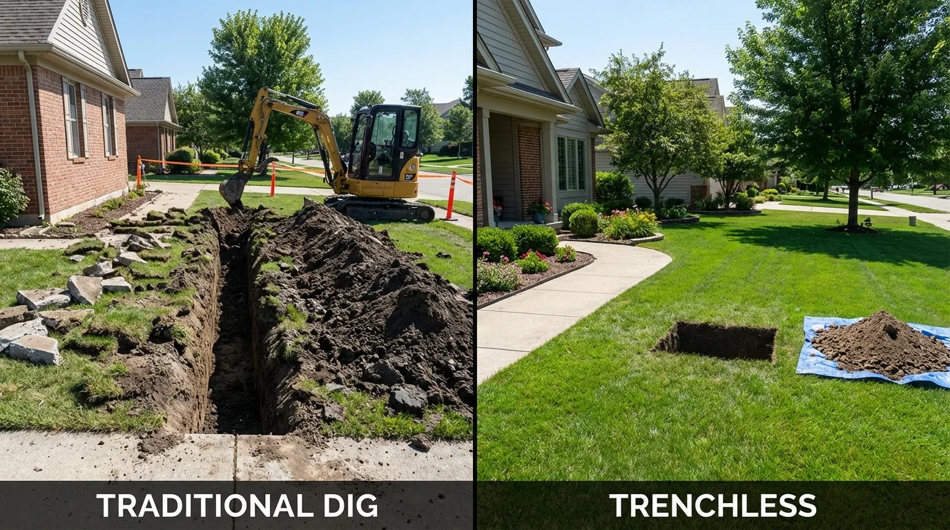 Trenchless sewer repair with minimal yard damage versus traditional excavation in Lewes, DE